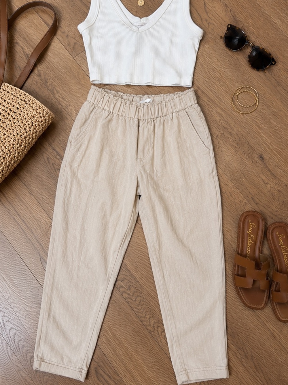 Women's Elastic-Waist Linen Blend Pants in Beige